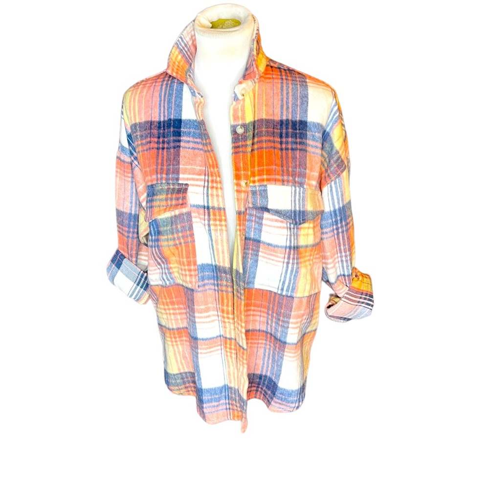 ACOA plaid shacket with oversized chest pockets, button front close blue/pink S